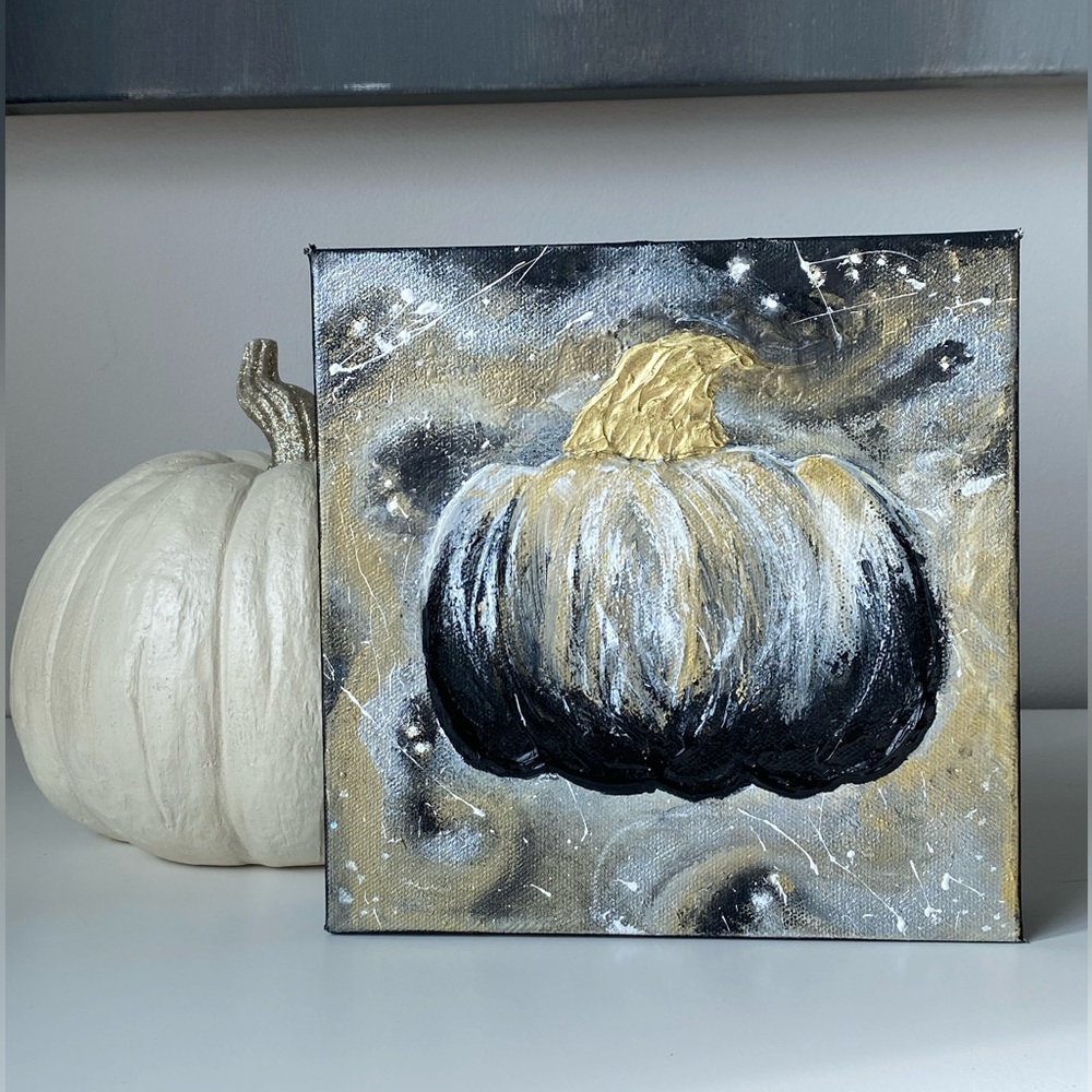 Black and Gold Pumpkin Canvas Art 8”x8” - Picture 2 of 4